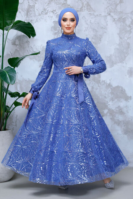 Modest İndigo Blue Elegant Evening Gown 4908IM - NEVA STYLE