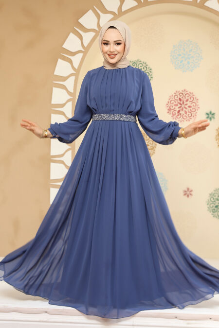 Modest İndigo Blue Evening Dress 25888IM - NEVA STYLE