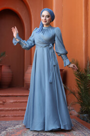Modest İndigo Blue Evening Dress 48051IM - 3