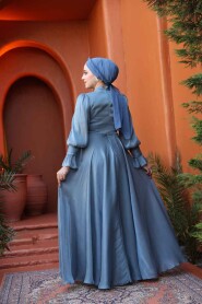 Modest İndigo Blue Evening Dress 48051IM - 4