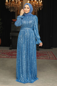 Modest İndigo Blue Evening Gown With Long Sleeve 44961IM - 1