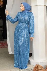 Modest İndigo Blue Evening Gown With Long Sleeve 44961IM - 4