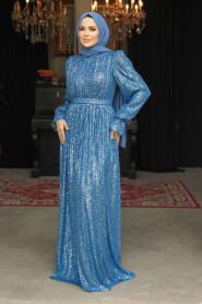Modest İndigo Blue Evening Gown With Long Sleeve 44961IM - 3