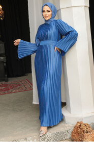 Modest İndigo Blue Evening Gown With Sleeve 45771IM - 2