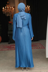 Modest İndigo Blue Evening Gown With Sleeve 45771IM - 3