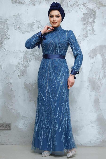 Modest İndigo Blue Evening Long Dress 47631IM - NEVA STYLE