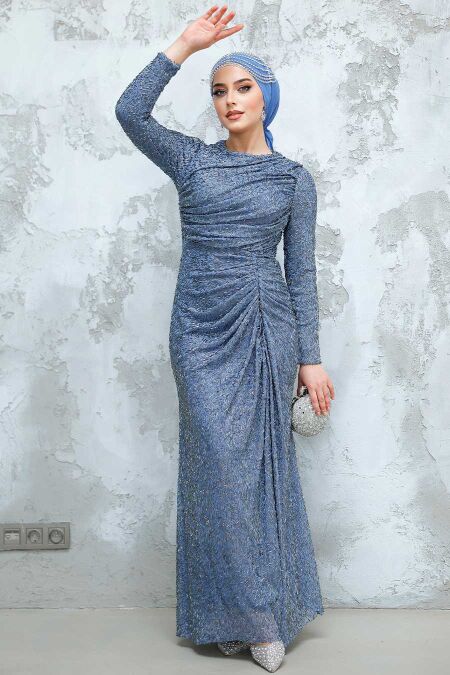 Modest İndigo Blue Evening Long Dress 50341IM - NEVA STYLE