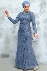 Modest İndigo Blue Evening Long Dress 50341IM - 3