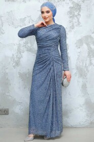 Modest İndigo Blue Evening Long Dress 50341IM - 2