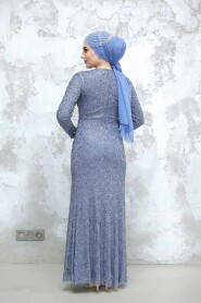 Modest İndigo Blue Evening Long Dress 50341IM - 5