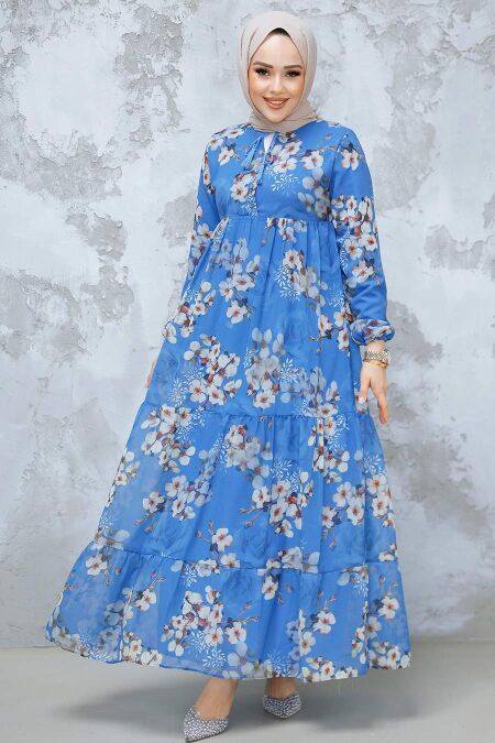 Modest İndigo Blue Floral Dress 22053IM - NEVA STYLE