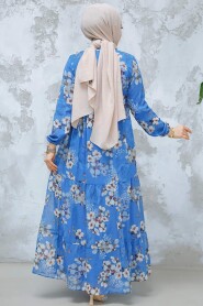 Modest İndigo Blue Floral Dress 22053IM - 4