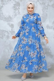 Modest İndigo Blue Floral Dress 22053IM - 2