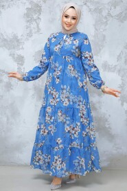 Modest İndigo Blue Floral Dress 22053IM - 3