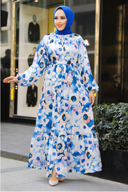 Modest İndigo Blue Floral Dress 23153IM - 1
