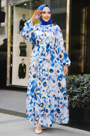 Modest İndigo Blue Floral Dress 23153IM - 2