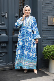 Modest İndigo Blue Floral Dress 23451IM - 2