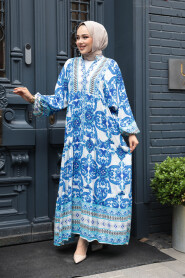 Modest İndigo Blue Floral Dress 23451IM - 3