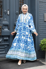 Modest İndigo Blue Floral Dress 23451IM 