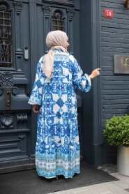 Modest İndigo Blue Floral Dress 23451IM - 4