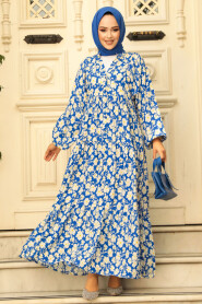 Modest İndigo Blue Floral Dress 23586IM - 1