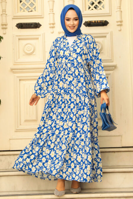 Modest İndigo Blue Floral Dress 23586IM - NEVA STYLE