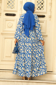 Modest İndigo Blue Floral Dress 23586IM - 3