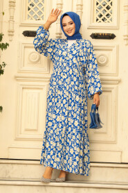 Modest İndigo Blue Floral Dress 23586IM - 2