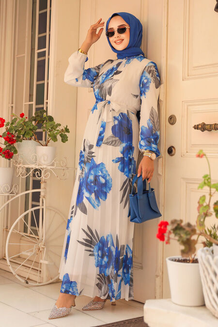 Modest İndigo Blue Floral Dress 34467IM - NEVA STYLE