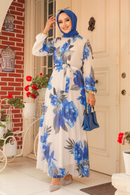 Modest İndigo Blue Floral Dress 34467IM - 2