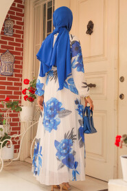 Modest İndigo Blue Floral Dress 34467IM - 3