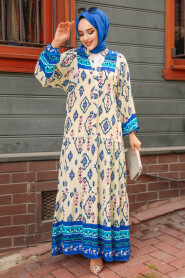 Modest İndigo Blue Floral Dress 35102IM - 1