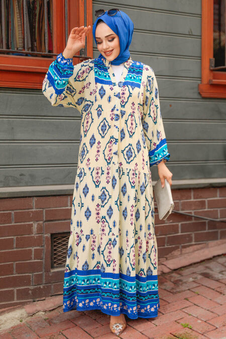 Modest İndigo Blue Floral Dress 35102IM - NEVA STYLE