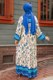 Modest İndigo Blue Floral Dress 35102IM - 3