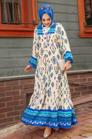 Modest İndigo Blue Floral Dress 35102IM - 2