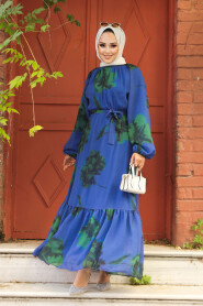 Modest İndigo Blue Floral Dress 60942IM - 2