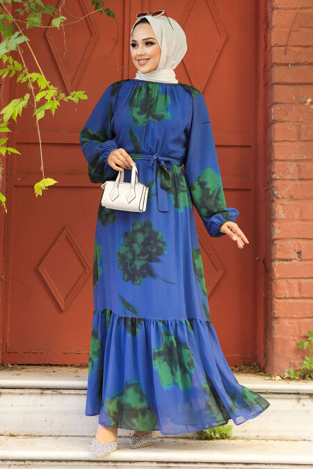Modest İndigo Blue Floral Dress 60942IM - NEVA STYLE
