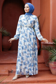 Modest İndigo Blue Floral Dresses 50357IM - 1