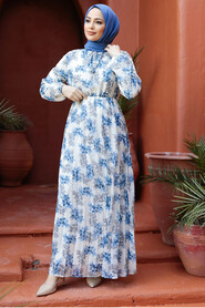 Modest İndigo Blue Floral Dresses 50357IM - 2