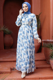 Modest İndigo Blue Floral Dresses 50357IM - 3