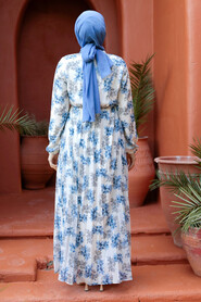 Modest İndigo Blue Floral Dresses 50357IM - 4