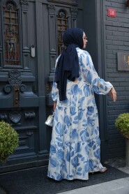 Modest İndigo Blue Floral Long Dress 19035IM - 4