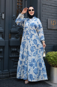 Modest İndigo Blue Floral Long Dress 19035IM - 2