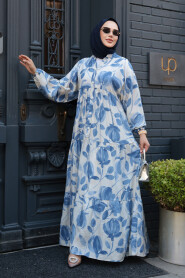 Modest İndigo Blue Floral Long Dress 19035IM - 3