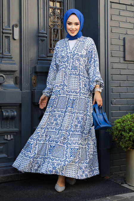 Modest İndigo Blue Floral Long Dress 23587IM - NEVA STYLE