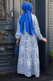 Modest İndigo Blue Floral Long Dress 23587IM - 3