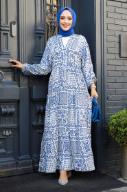 Modest İndigo Blue Floral Long Dress 23587IM - 2