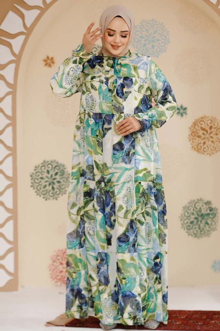 Modest İndigo Blue Floral Long Dress 23604IM - NEVA STYLE