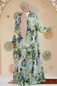 Modest İndigo Blue Floral Long Dress 23604IM - 2