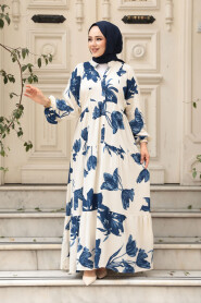 Modest İndigo Blue Floral Long Sleeve Dress 24062IM 